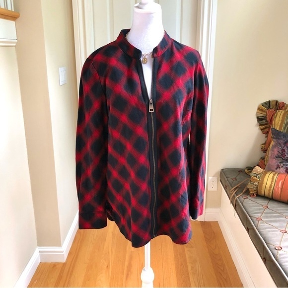 Soft Surroundings Jacket Top In Red Black Plaid Cotton with Front Zip (M) - Picture 1 of 6